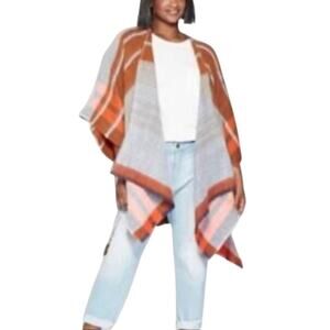 Universal Thread Womens Plaid Poncho One Size Gray Brown Orange Bottom Fringe